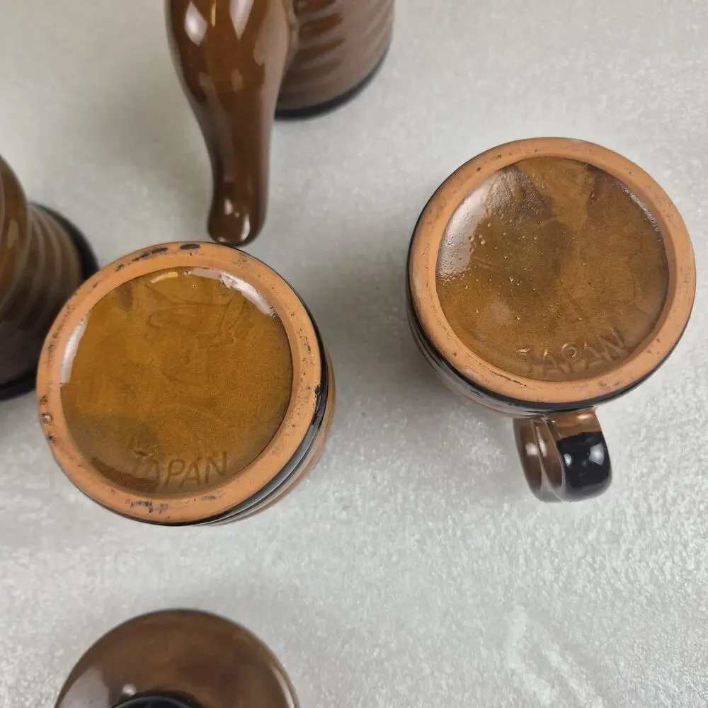 Vintage 1960s Japan Glazed Ribbed Ceramic Coffee Tea Set Pot Sugar Mug 6-Pc